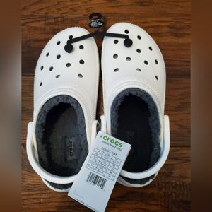 Crocs, white lined with grey, size women's 7/men's 5